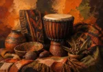 Clay & Moss african wall art featuring a ceremonial drum with woven textiles, carved wooden accents, and warm earthy tones for elegant interiors