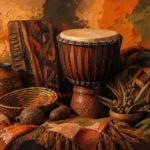 Clay & Moss african wall art featuring a ceremonial drum with woven textiles, carved wooden accents, and warm earthy tones for elegant interiors