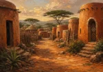 Clay & Moss african wall art featuring a peaceful village pathway with rounded earthen architecture and distant acacia trees for elegant interiors