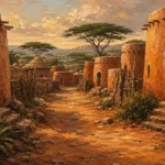 Clay & Moss african wall art featuring a peaceful village pathway with rounded earthen architecture and distant acacia trees for elegant interiors