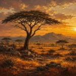 Honey Bronze african landscape artwork featuring a majestic acacia tree across rolling savannah grasslands with warm golden tones for elegant interiors