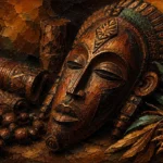 Tobacco & Emerald traditional african wall art featuring a handcrafted ceremonial wooden mask with carved details and warm earthy tones for elegant interiors