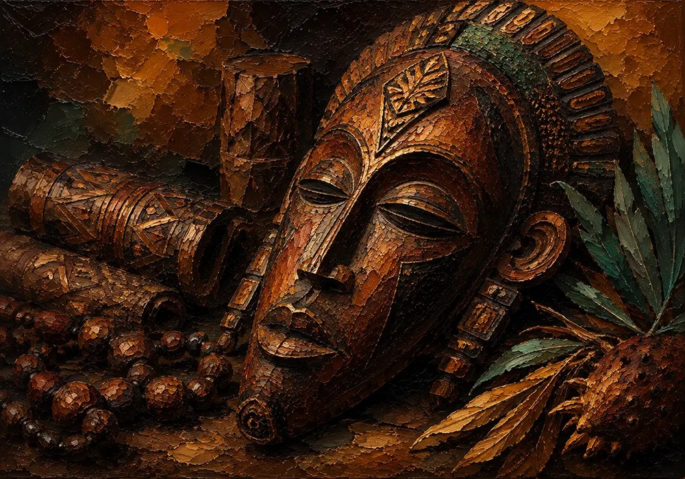 Ancestral Mask Traditional African Wall Art Tobacco & Emerald Art Print