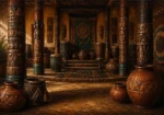 Tobacco & Emerald traditional african wall art featuring carved wooden pillars, woven ceremonial objects, and patterned clay vessels for elegant interiors