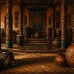Tobacco & Emerald traditional african wall art featuring carved wooden pillars, woven ceremonial objects, and patterned clay vessels for elegant interiors