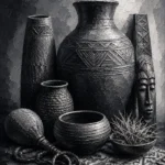 Graphite-toned african wall art black and white print featuring African-inspired clay vessels and carved wooden elements for elegant interiors