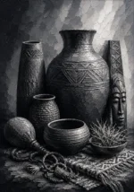 Graphite-toned african wall art black and white print featuring African-inspired clay vessels and carved wooden elements for elegant interiors