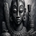 Graphite-toned african wall art black and white print featuring a tribal-inspired wooden sculpture with carved details for sophisticated interiors