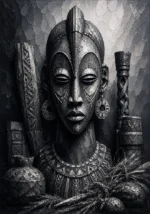 Graphite-toned african wall art black and white print featuring a tribal-inspired wooden sculpture with carved details for sophisticated interiors
