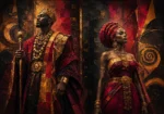 Merlot and antique gold african king and queen wall art print featuring a regal African couple with traditional attire and elegant decorative details