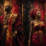 Merlot and antique gold african king and queen wall art print featuring a regal African couple with traditional attire and elegant decorative details