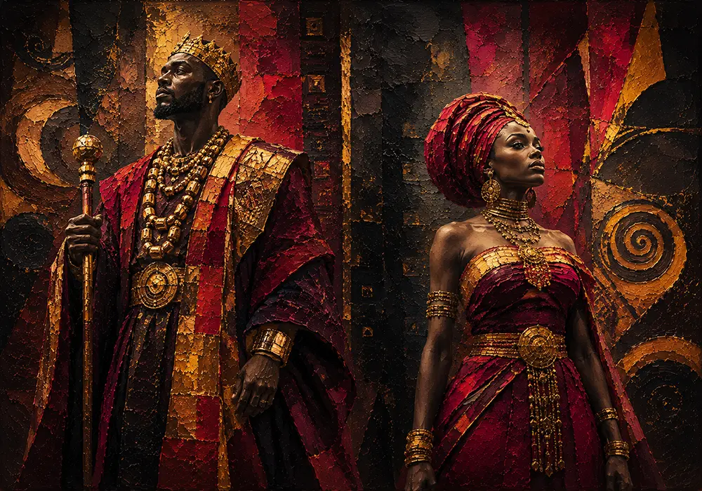 Golden Sovereigns African King And Queen Wall Art Merlot & Antique Gold Art Print
