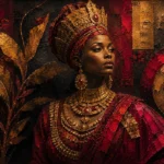 Merlot and antique gold african king and queen wall art print featuring a regal African queen with ornate headpiece and traditional garments