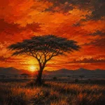 Terracotta african sunset canvas featuring a lone acacia tree over glowing savannah grasslands with warm orange and charcoal tones