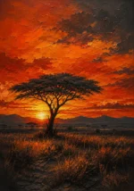 Terracotta african sunset canvas featuring a lone acacia tree over glowing savannah grasslands with warm orange and charcoal tones