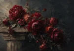 Burgundy Library dark floral wall art featuring velvety peonies and antique roses on a weathered stone pedestal for elegant interiors
