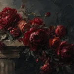 Burgundy Library dark floral wall art featuring velvety peonies and antique roses on a weathered stone pedestal for elegant interiors