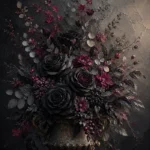 Graphite & Rose black floral wall art featuring black roses, flowering branches, dried eucalyptus, and berries in an antique bronze urn for elegant interiors