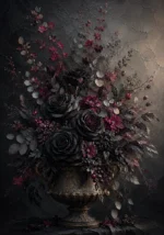 Graphite & Rose black floral wall art featuring black roses, flowering branches, dried eucalyptus, and berries in an antique bronze urn for elegant interiors
