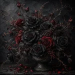 Velvet Merlot dark floral artwork print featuring black roses, thorned branches, and a dramatic botanical arrangement for elegant interiors