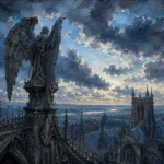Aubergine Luxe dark floral print featuring a Gothic angel above cathedral architecture with dramatic blue-gray tones for elegant interiors
