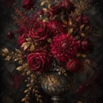 Merlot & Antique Gold dark floral painting print featuring burgundy roses, chrysanthemums, and gilded foliage for elegant interiors