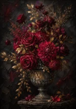 Merlot & Antique Gold dark floral painting print featuring burgundy roses, chrysanthemums, and gilded foliage for elegant interiors