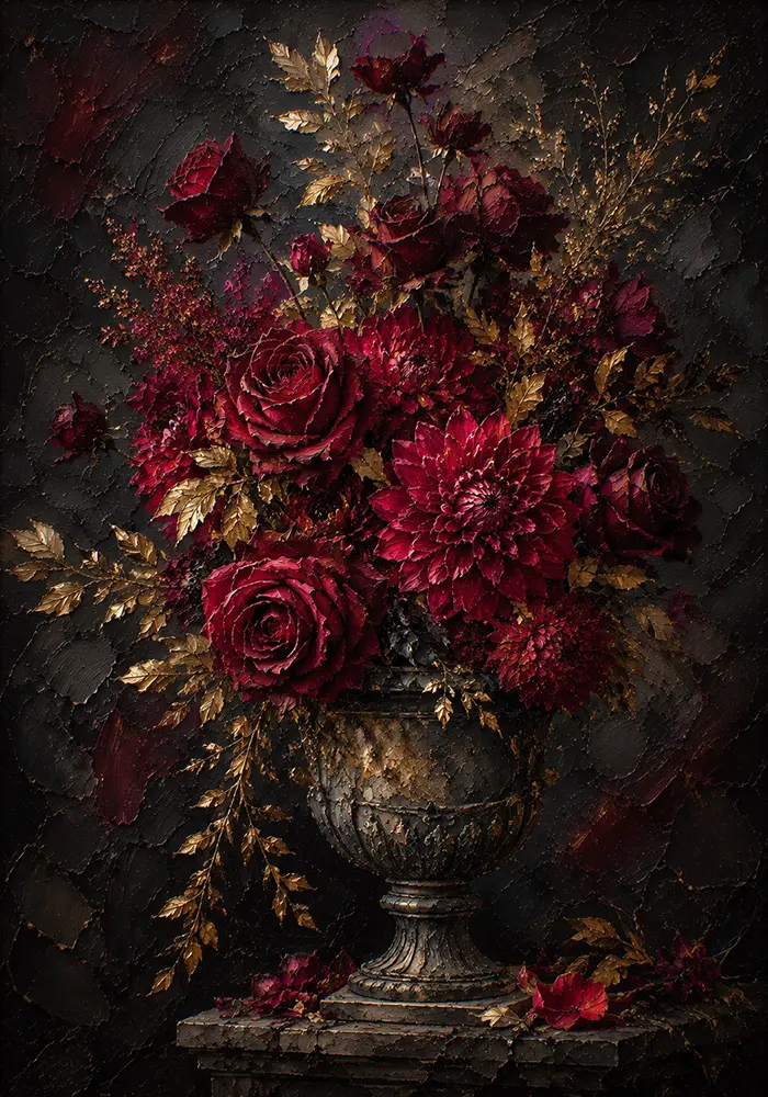 Golden Elegy Dark Floral Painting Merlot & Antique Gold Art Print