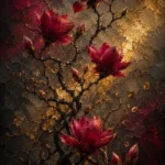 Merlot & Antique Gold dark floral painting print featuring burgundy magnolia blossoms with twisting vines for elegant botanical interiors