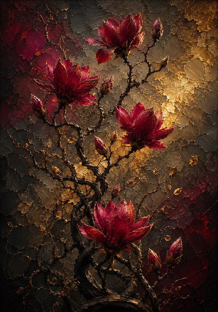 Crimson Relic Dark Floral Painting Merlot & Antique Gold Art Print