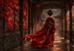 Crimson Noir red geisha wall art featuring a graceful geisha walking beneath lantern-lit wooden corridors