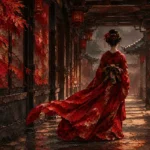 Crimson Noir red geisha wall art featuring a graceful geisha walking beneath lantern-lit wooden corridors