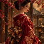 Merlot and Antique Gold japanese geisha wall art featuring a graceful geisha beneath flowering branches