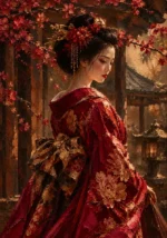 Merlot and Antique Gold japanese geisha wall art featuring a graceful geisha beneath flowering branches