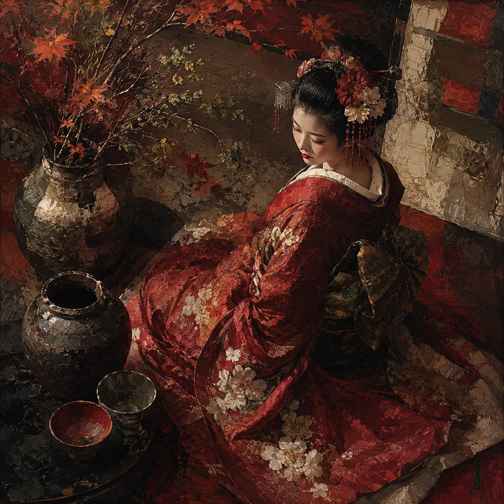 Crimson Garden Geisha Canvas Wall Art Oxblood & Olive Art Print