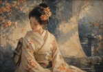 Apricot Modern japanese portrait wall art featuring a graceful geisha in an ivory kimono with apricot embroidery