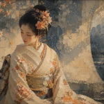 Apricot Modern japanese portrait wall art featuring a graceful geisha in an ivory kimono with apricot embroidery
