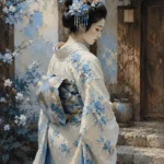 Powder Blue and Cocoa geisha art prints featuring a graceful geisha in an ivory kimono with blue embroidery