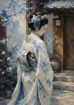Powder Blue and Cocoa geisha art prints featuring a graceful geisha in an ivory kimono with blue embroidery