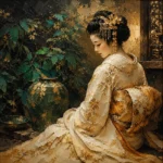 Amber and Emerald geisha canvas art featuring a graceful geisha seated beside lush emerald foliage