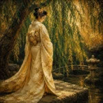 Amber and Emerald geisha canvas art featuring a graceful geisha beneath cascading willow branches