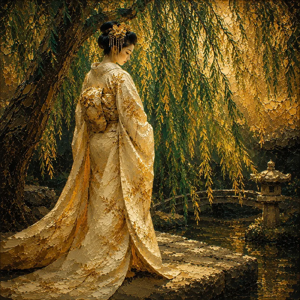 Golden Willow Geisha Canvas Art Amber & Emerald Art Print