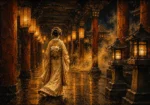 Amber Noir traditional japanese wall art featuring a geisha walking through a lantern-lit temple corridor