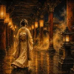 Amber Noir traditional japanese wall art featuring a geisha walking through a lantern-lit temple corridor