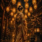 Honey Bronze geisha painting canvas featuring a geisha beneath glowing lanterns in a Japanese courtyard