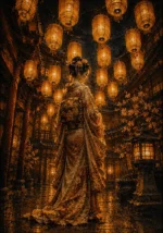 Honey Bronze geisha painting canvas featuring a geisha beneath glowing lanterns in a Japanese courtyard