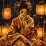 Ochre and Navy geisha posters featuring a geisha portrait with glowing lanterns and golden accents