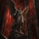 Crimson gothic art prints featuring a majestic angel within Gothic cathedral architecture