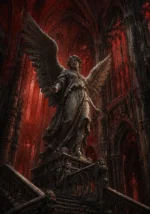 Crimson gothic art prints featuring a majestic angel within Gothic cathedral architecture