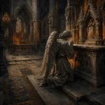 Espresso gothic bedroom art featuring a kneeling angel beside a Gothic altar